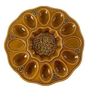 Brown Ceramic Egg Plate, Grape Leaf Center Tableware, Serving-ware, 9.5”